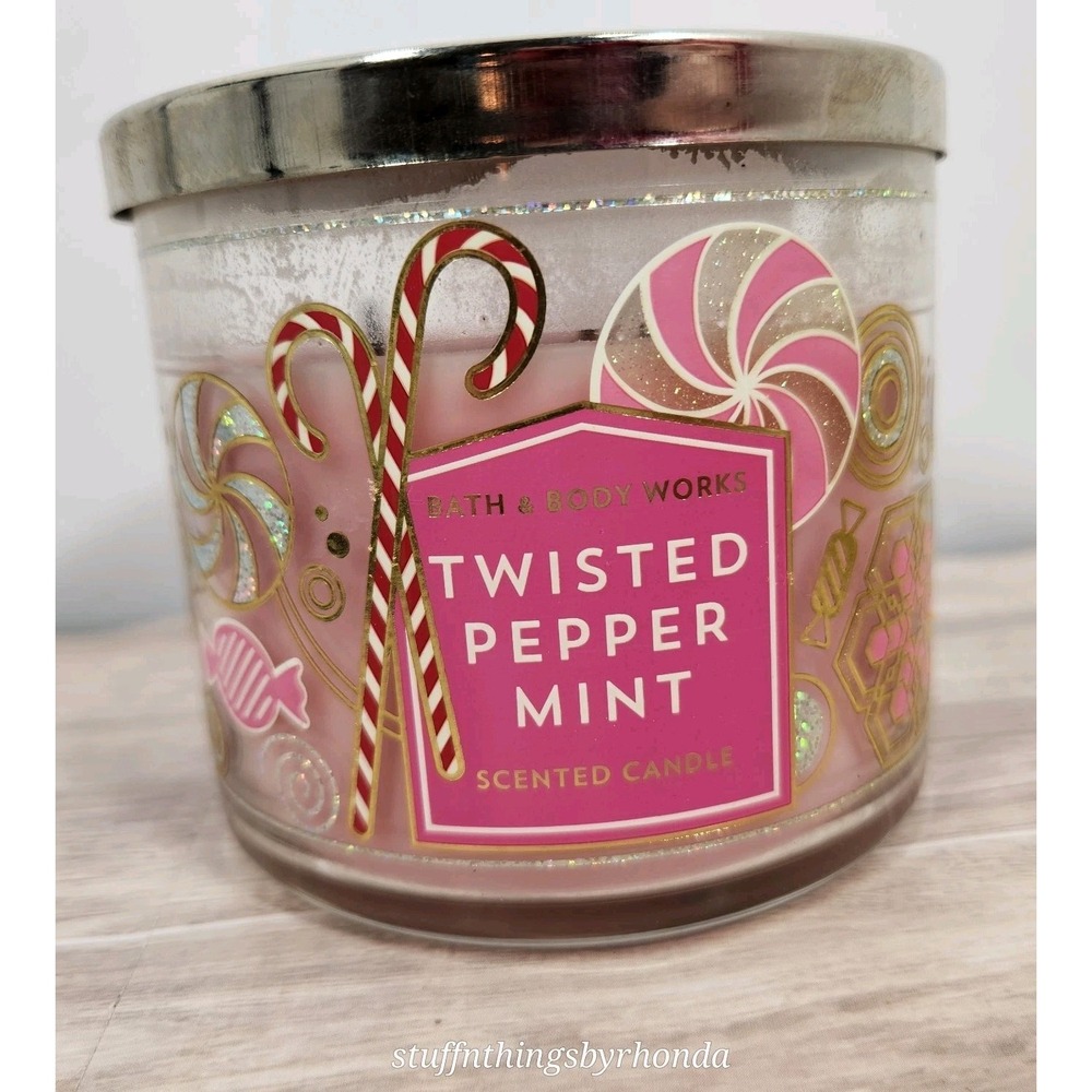 Bath & Body Works Twisted Peppermint‎ 3 Wick Candle - Barely Lit 1 Time